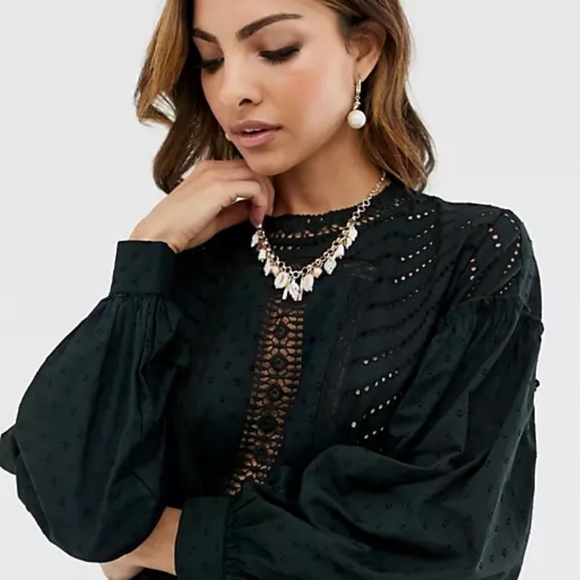 Black textured high neck mini smock dress with lace trim - Picture 4 of 7